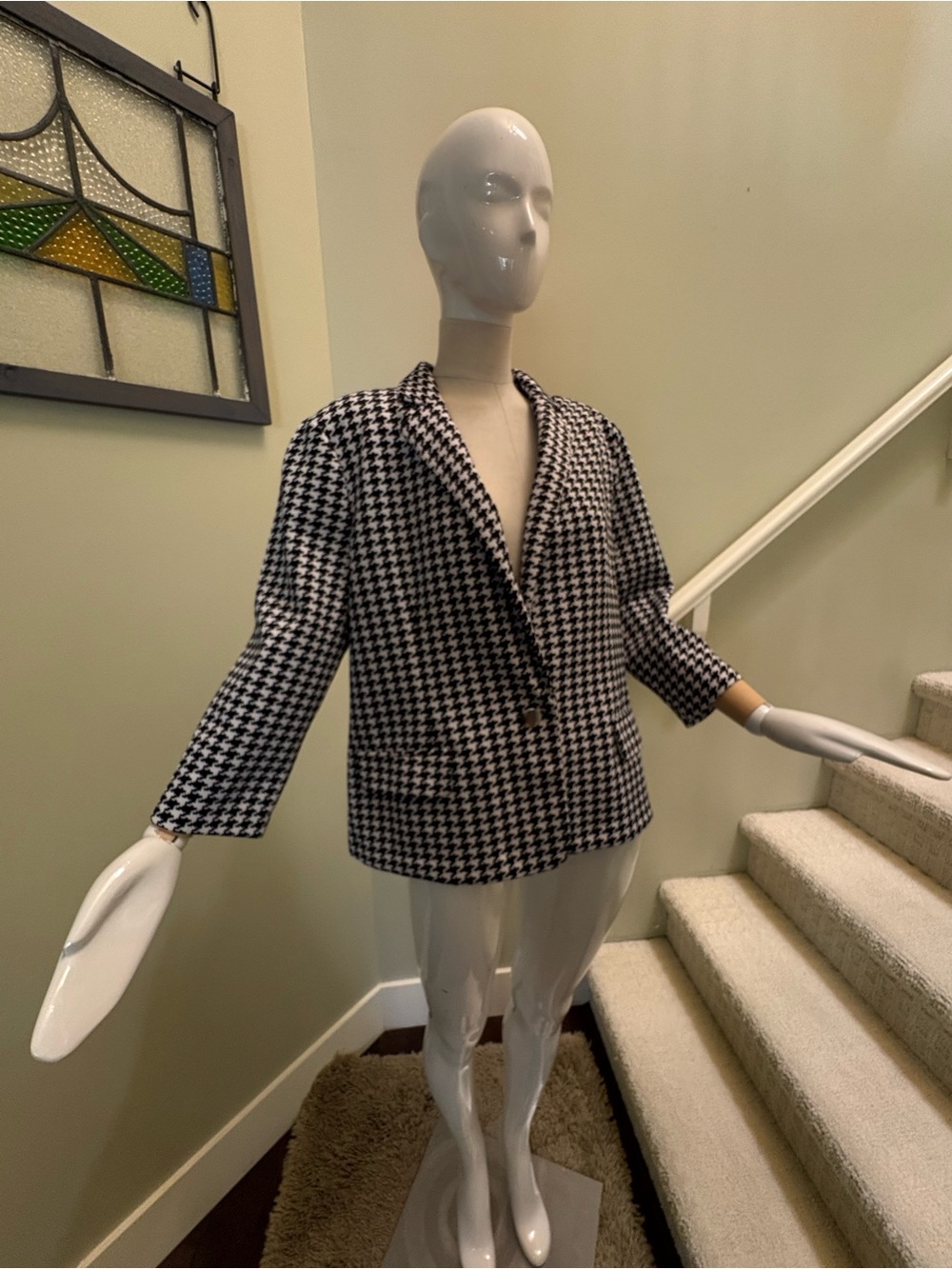 Women's Houndstooth Single-Button Summer Jacket - Black & White Sz XL w/stretch
